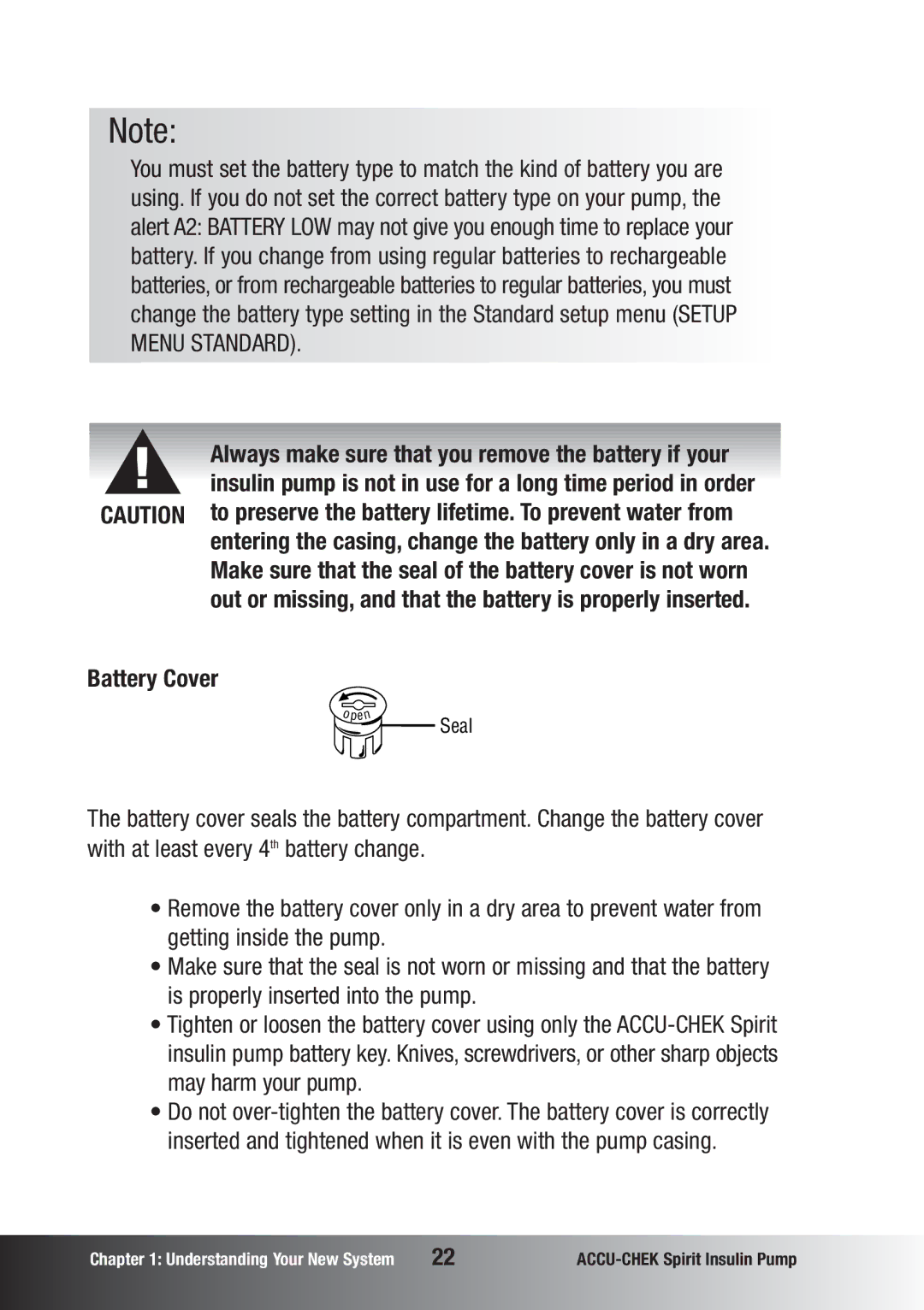 Accu-Chek insulin pump manual Battery Cover, Always make sure that you remove the battery if your 