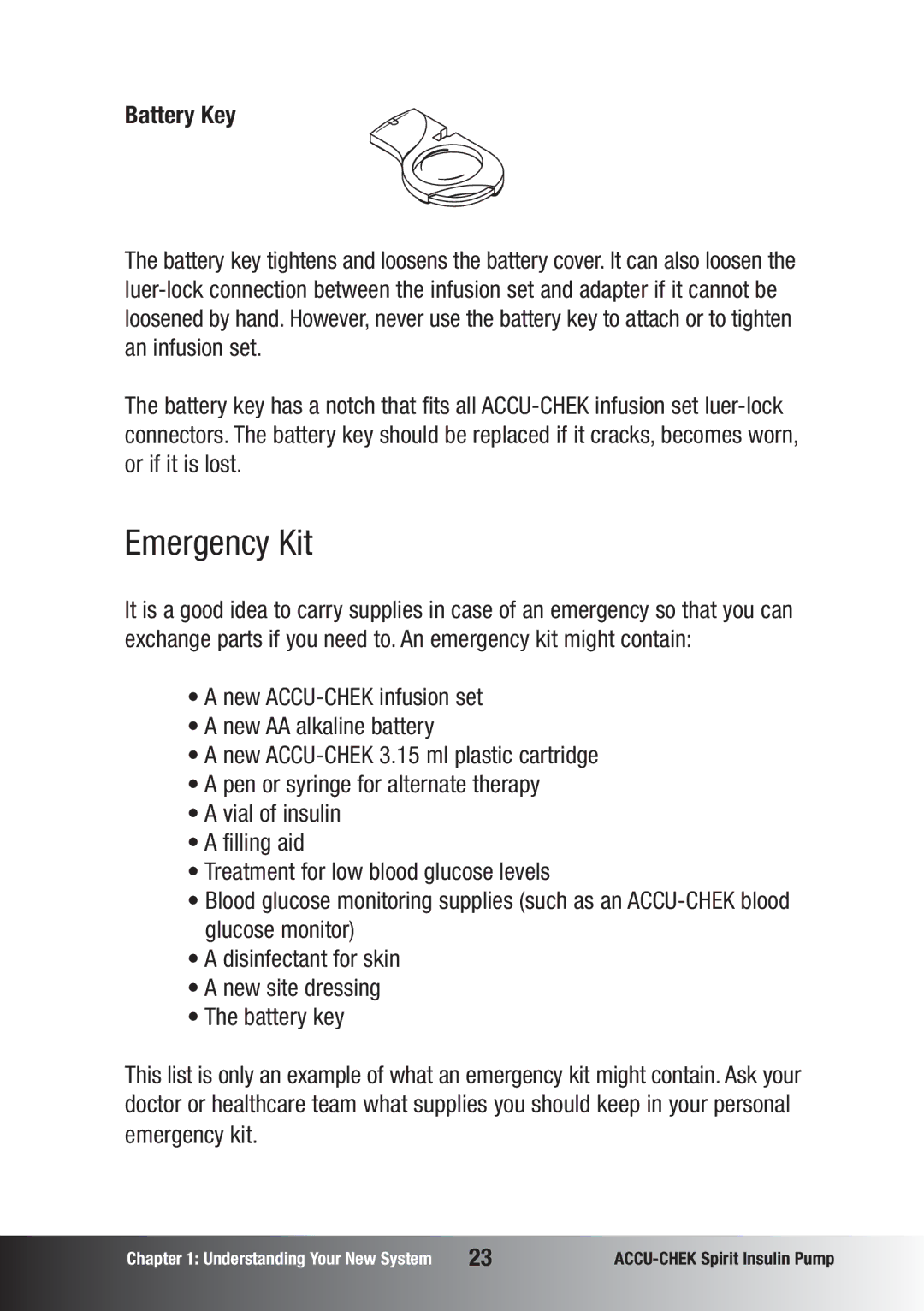 Accu-Chek insulin pump manual Emergency Kit, Battery Key 