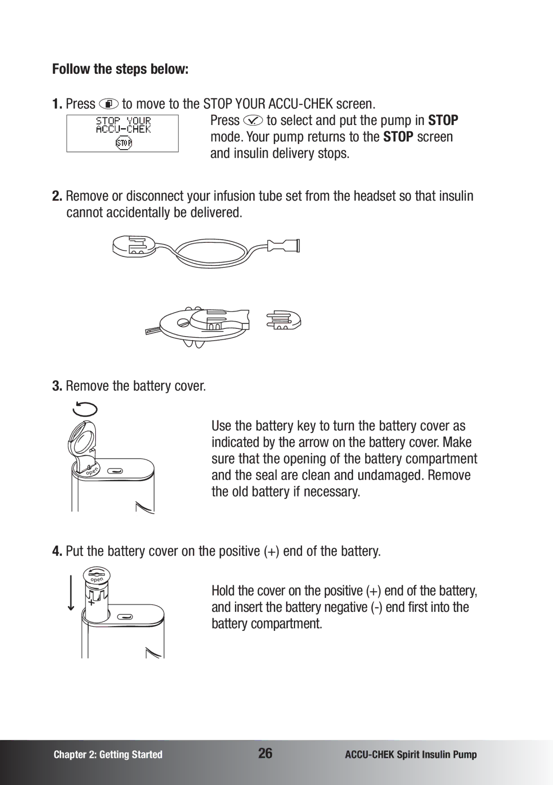 Accu-Chek insulin pump manual Follow the steps below, Press d to move to the Stop Your ACCU-CHEK screen 