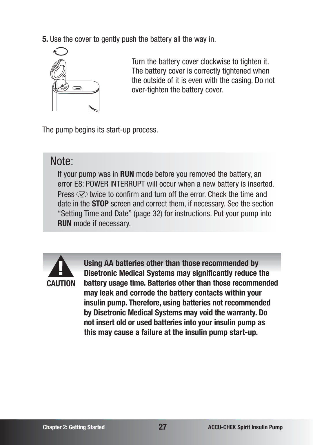 Accu-Chek insulin pump manual Use the cover to gently push the battery all the way, Pump begins its start-up process 