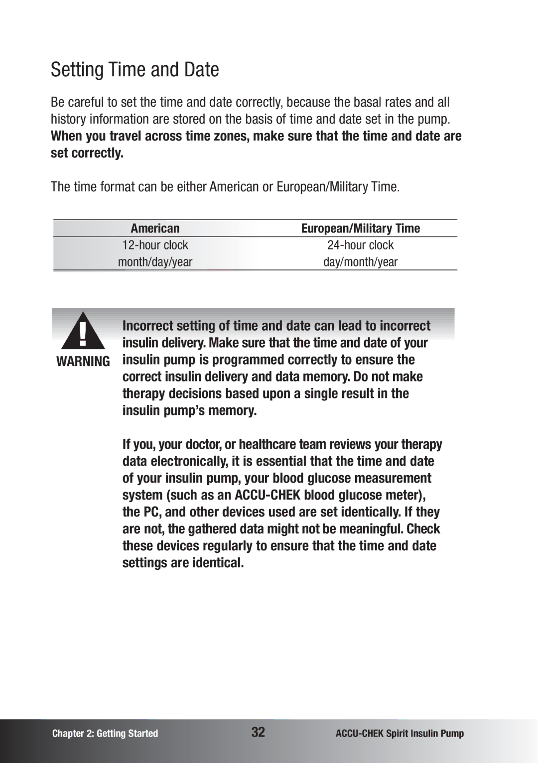 Accu-Chek insulin pump manual Setting Time and Date, Insulin pump’s memory, Settings are identical 