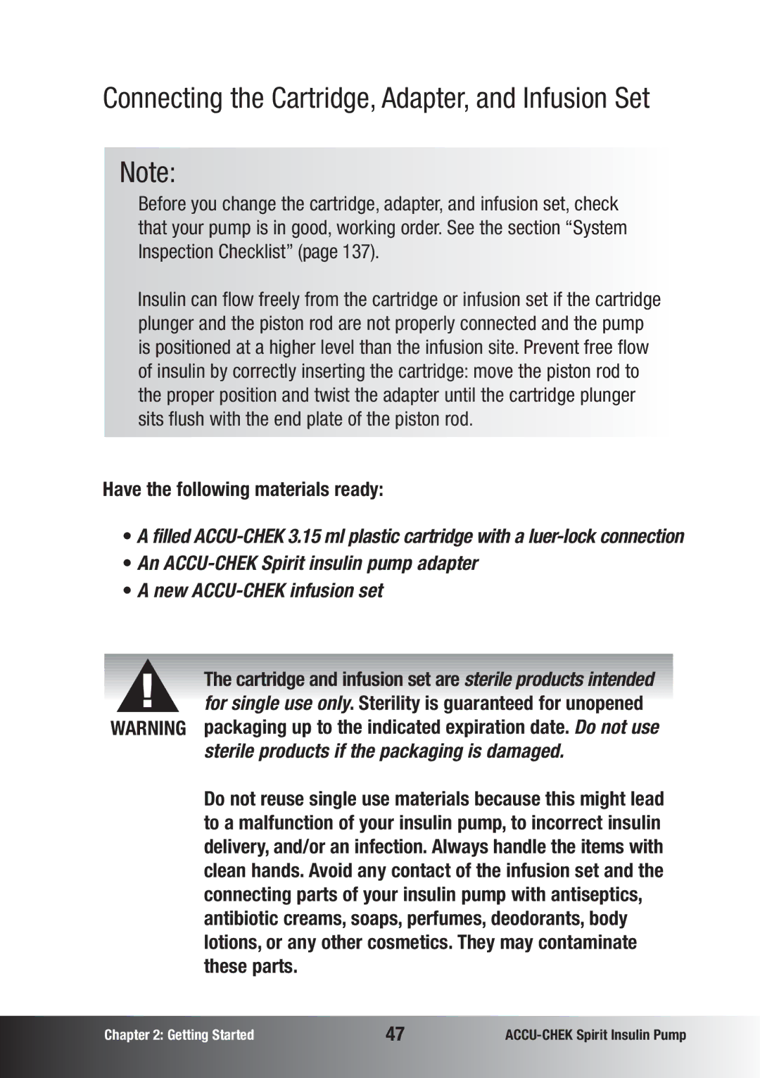 Accu-Chek insulin pump manual Connecting the Cartridge, Adapter, and Infusion Set, Have the following materials ready 