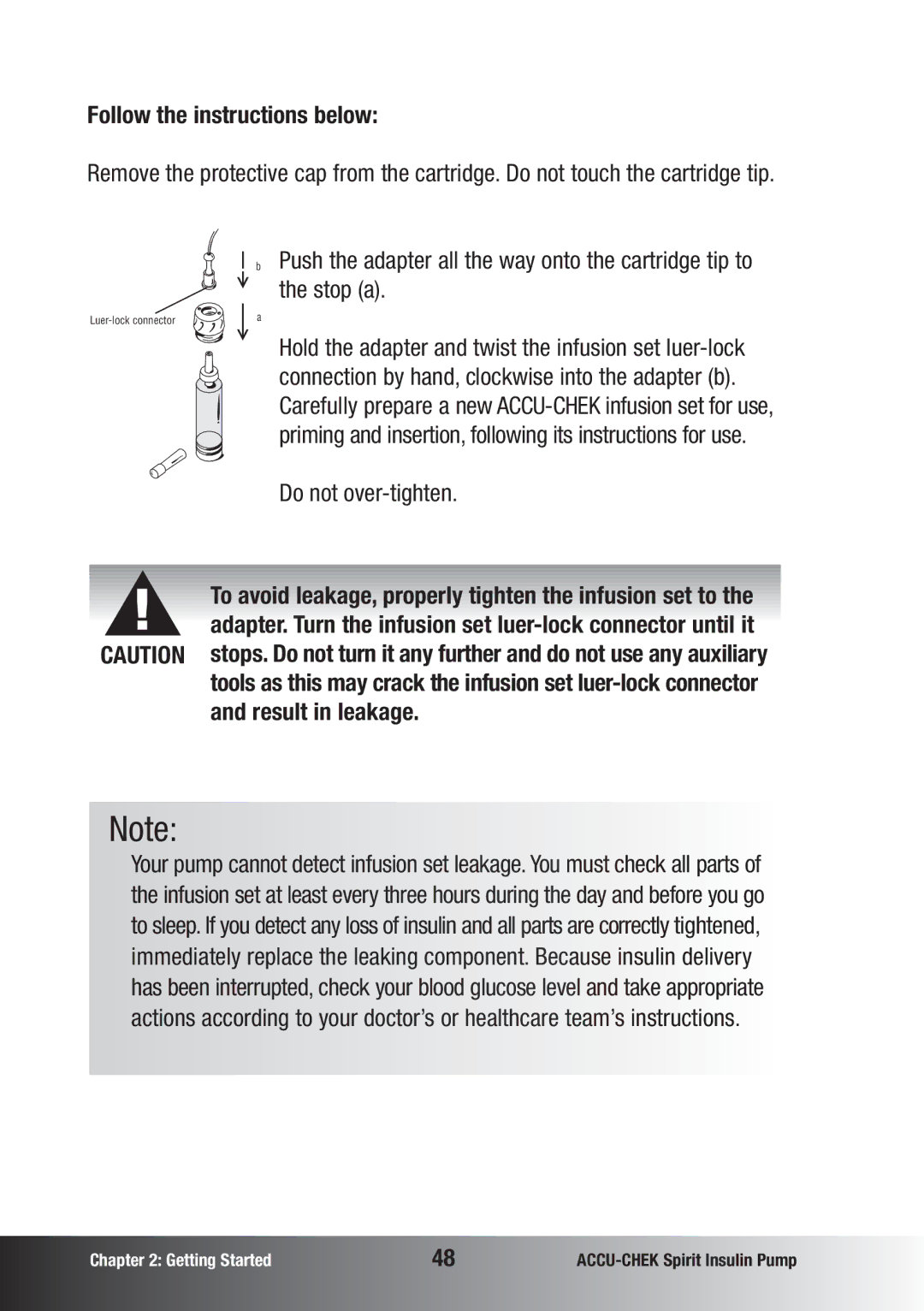 Accu-Chek insulin pump manual Follow the instructions below, Do not over-tighten, Result in leakage 