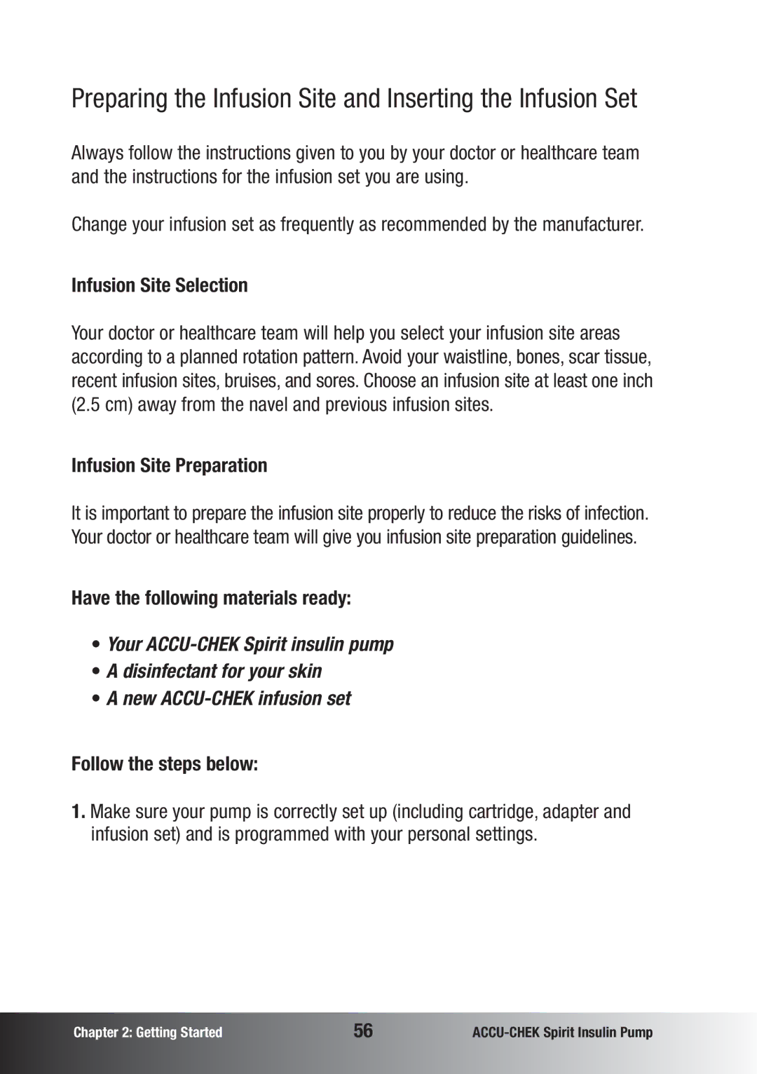 Accu-Chek insulin pump manual Infusion Site Selection, Infusion Site Preparation 