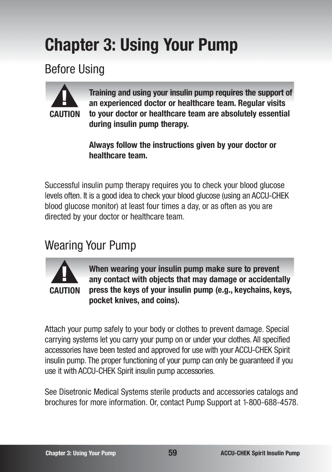 Accu-Chek manual Before Using, Wearing Your Pump, During insulin pump therapy, Pocket knives, and coins 