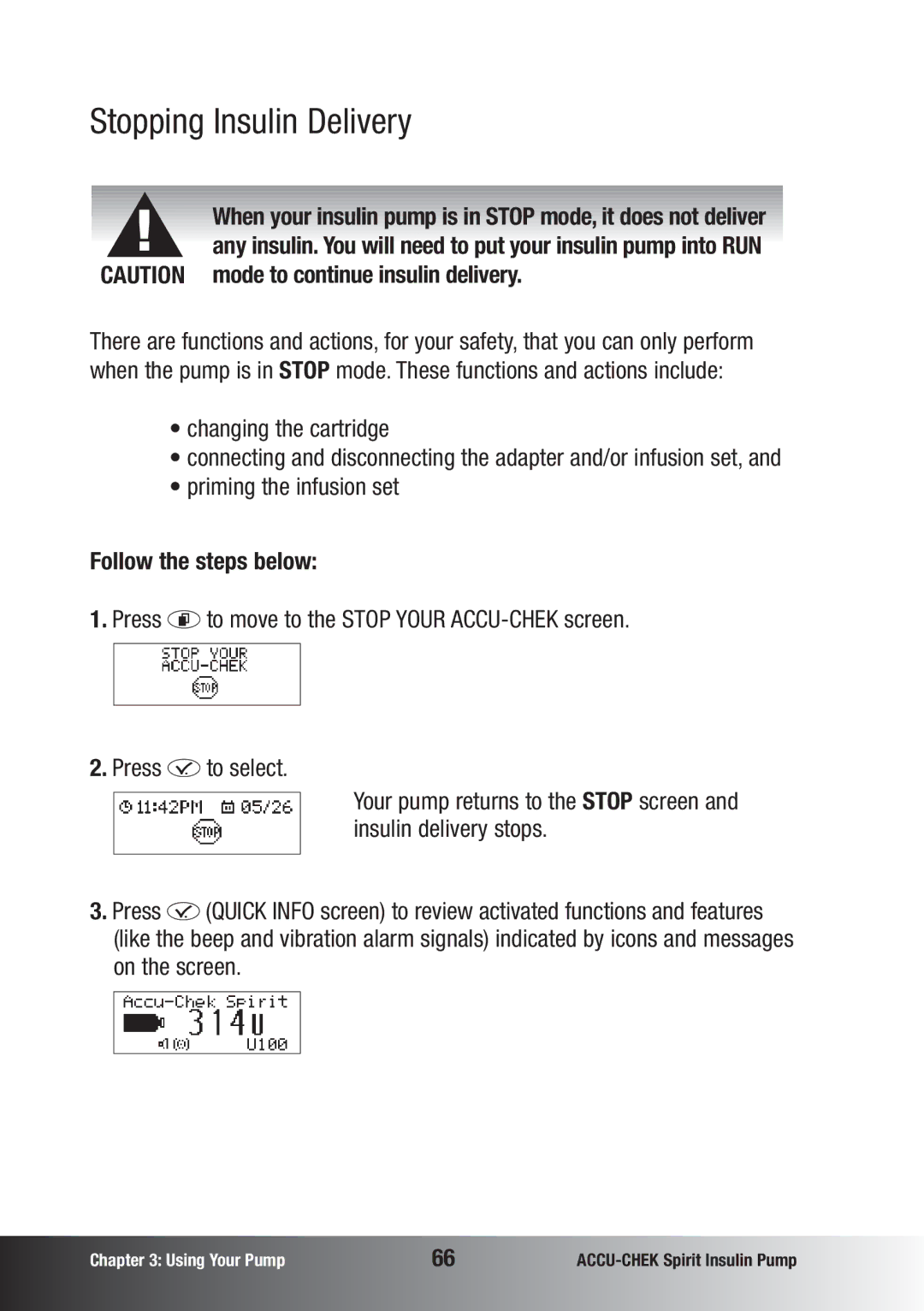 Accu-Chek insulin pump manual Stopping Insulin Delivery, Mode to continue insulin delivery 