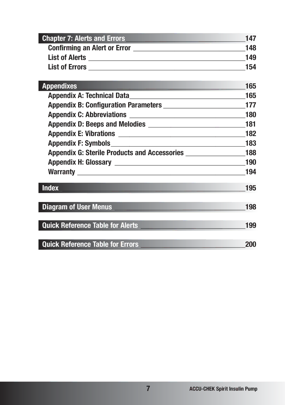 Accu-Chek insulin pump manual Appendix C Abbreviations, Appendix E Vibrations Appendix F Symbols183 