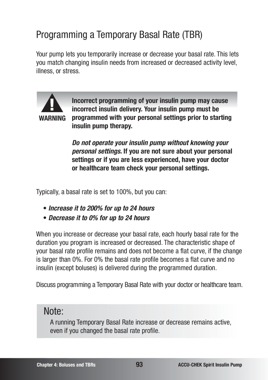 Accu-Chek insulin pump manual Programming a Temporary Basal Rate TBR, Insulin pump therapy 