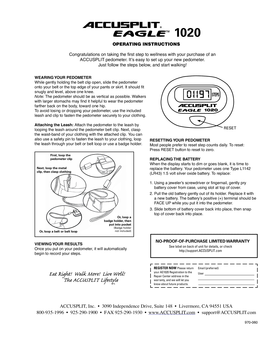 Accusplit 1020 operating instructions Accusplit Eagle, Steps, Operating Instructions 