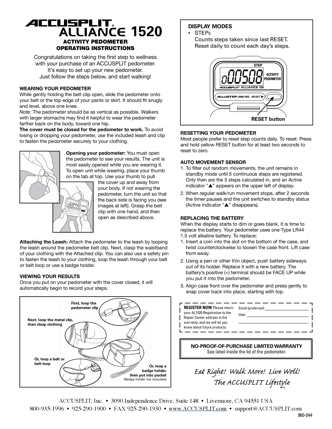 Accusplit 1520 operating instructions Activity Pedometer Operating Instructions, Display Modes 