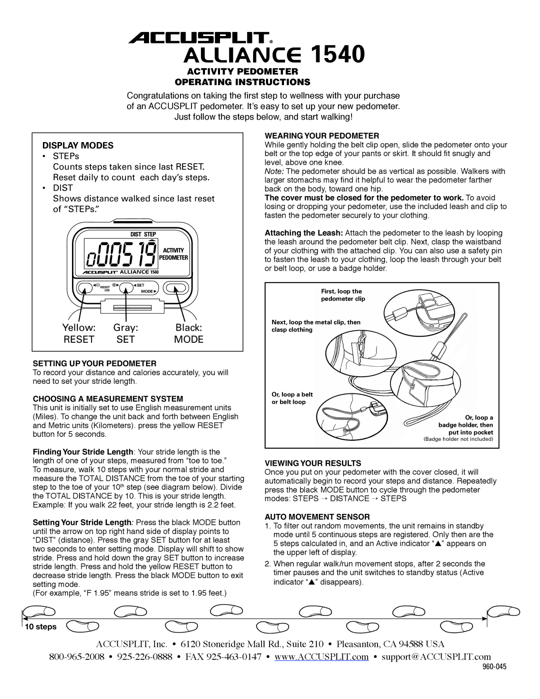 Accusplit 1540 operating instructions Setting UP Your Pedometer, Choosing a Measurement System, Wearing Your Pedometer 