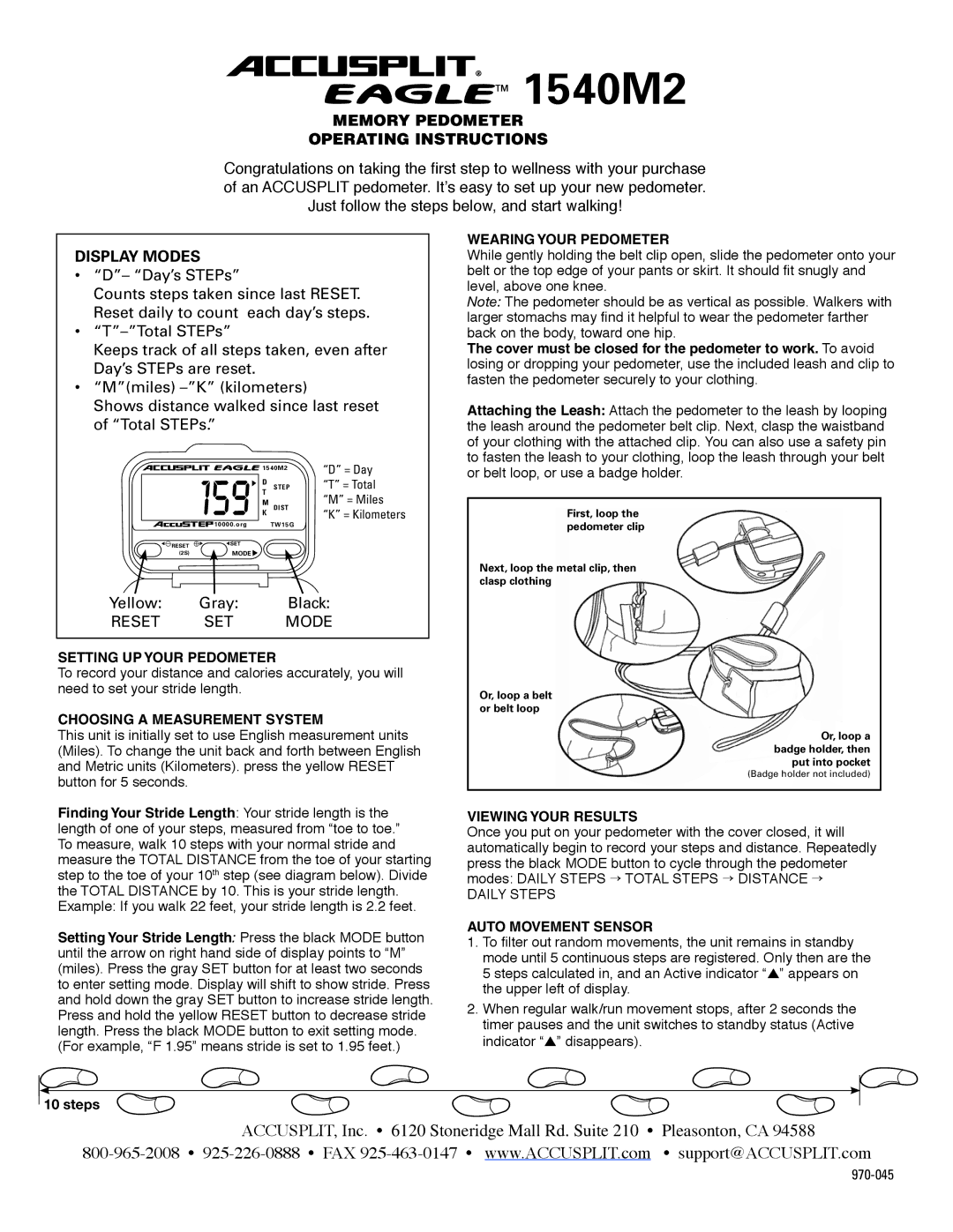 Accusplit 1540M2 operating instructions Wearing Your Pedometer, Setting UP Your Pedometer, Choosing a Measurement System 