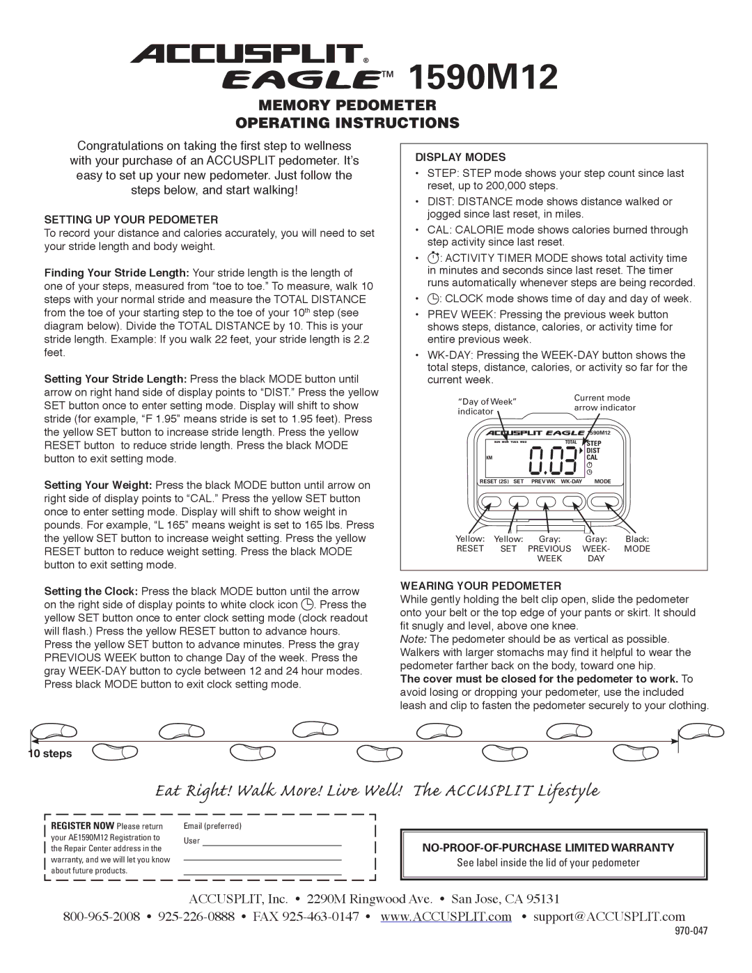 Accusplit 1590M12 operating instructions Setting UP Your Pedometer, Display Modes, Wearing Your Pedometer 