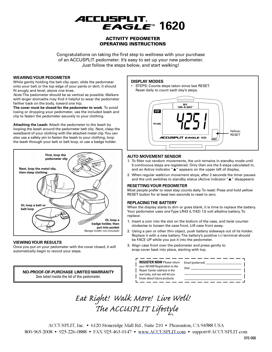 Accusplit 1620 operating instructions Wearing Your Pedometer, Viewing Your Results, NO-PROOF-OF-PURCHASE Limited Warranty 