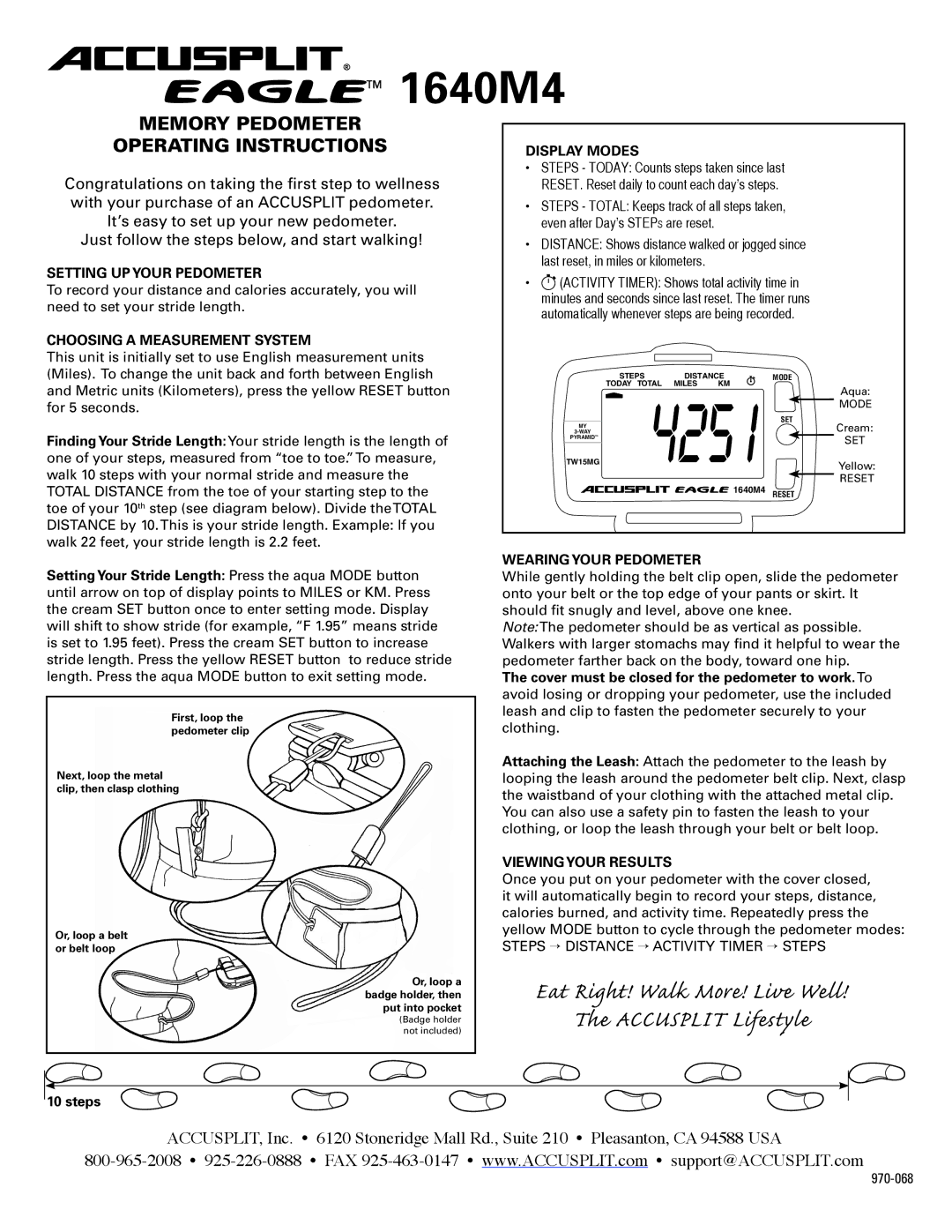 Accusplit 1640M4 operating instructions Setting UP Your Pedometer, Choosing a Measurement System, Display Modes 