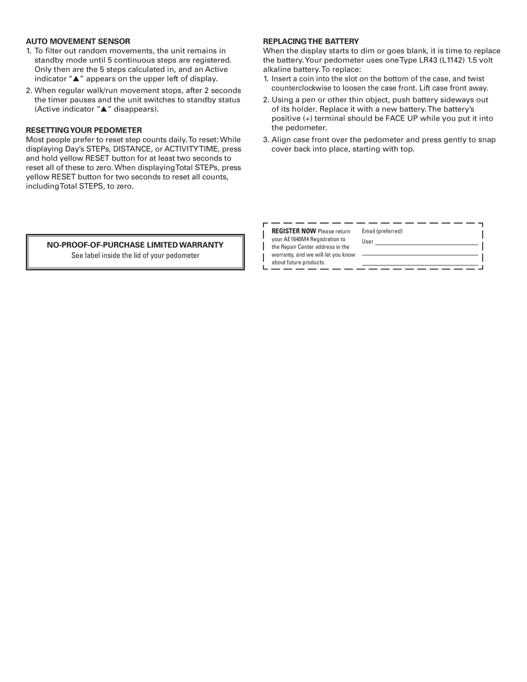 Accusplit 1640M4 operating instructions Auto Movement Sensor, Resetting Your Pedometer, Replacing the Battery 