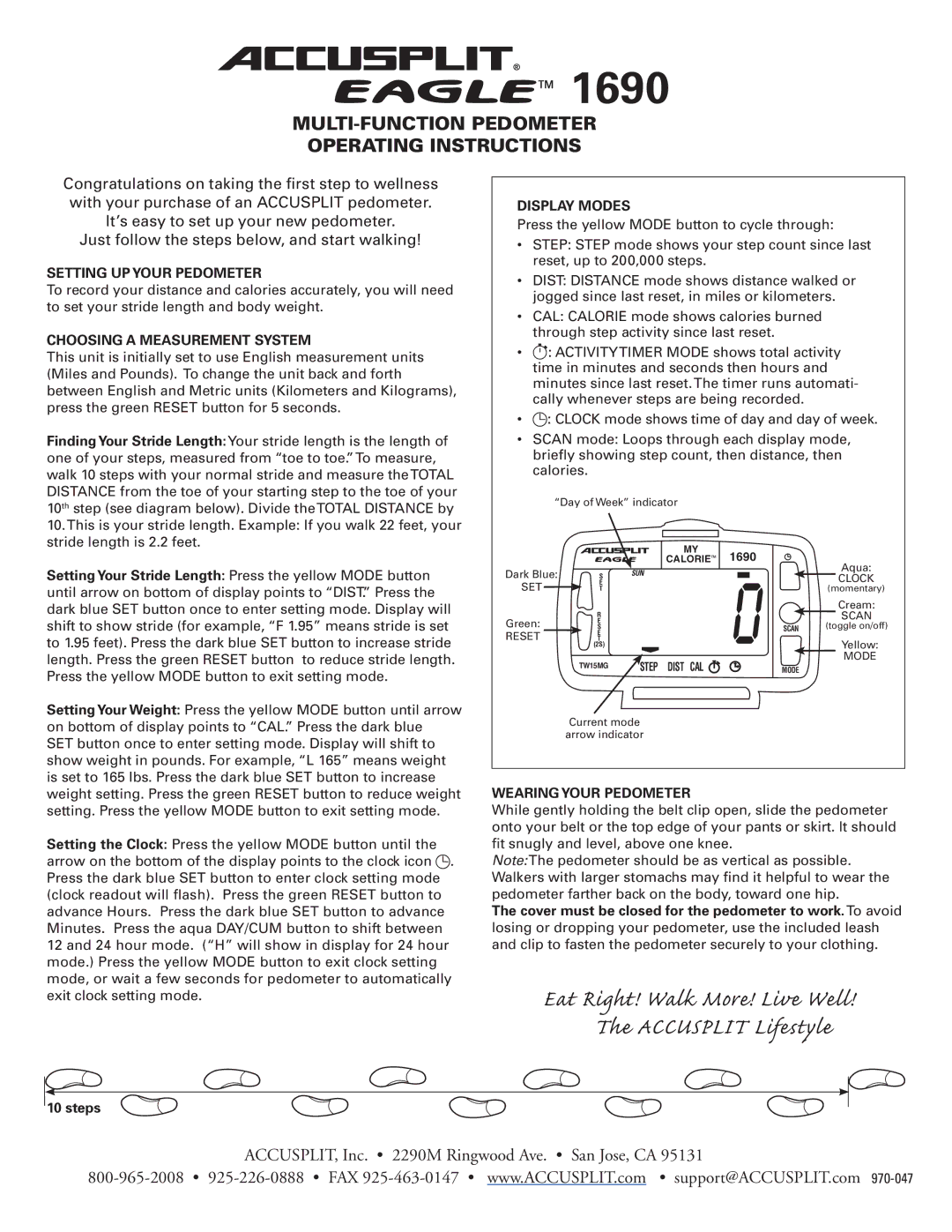 Accusplit 1690 operating instructions Setting UP Your Pedometer, Choosing a Measurement System, Display Modes 