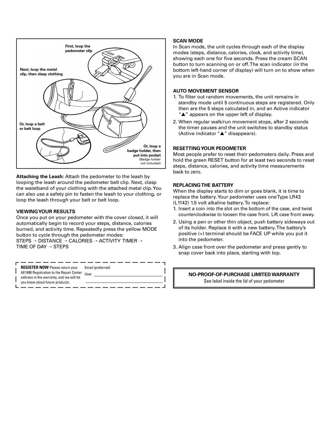 Accusplit 1690 Viewing Your Results, Scan Mode, Auto Movement Sensor, Resetting Your Pedometer, Replacing the Battery 