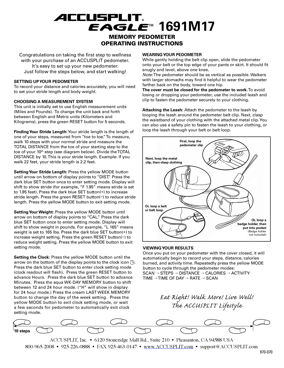 Accusplit 1691M17 operating instructions Setting UP Your Pedometer, Choosing a Measurement System, Wearing Your Pedometer 