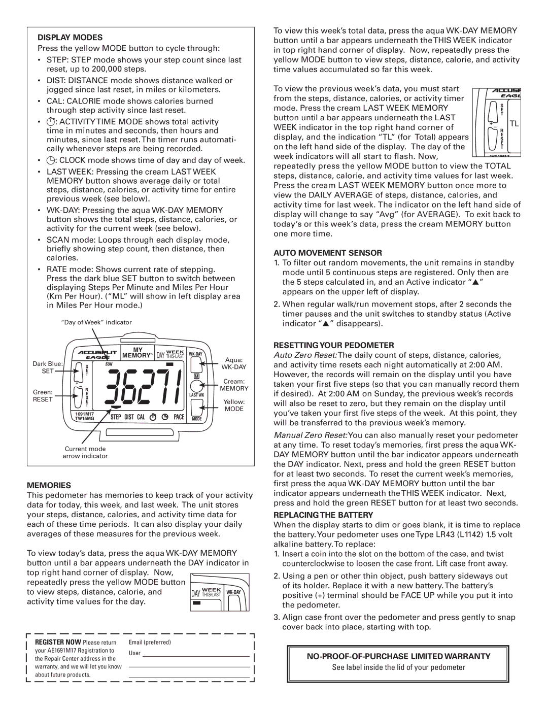 Accusplit 1691M17 Display Modes, Auto Movement Sensor, Resetting Your Pedometer, Memories, Replacing the Battery 