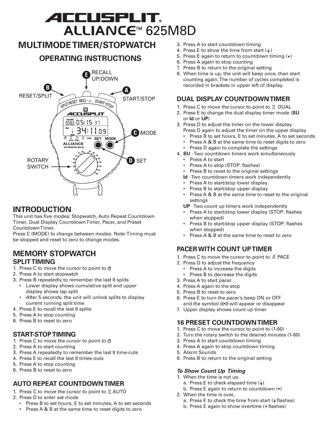 Accusplit 625M8D operating instructions Operating Instructions, Introduction, Memory Stopwatch 