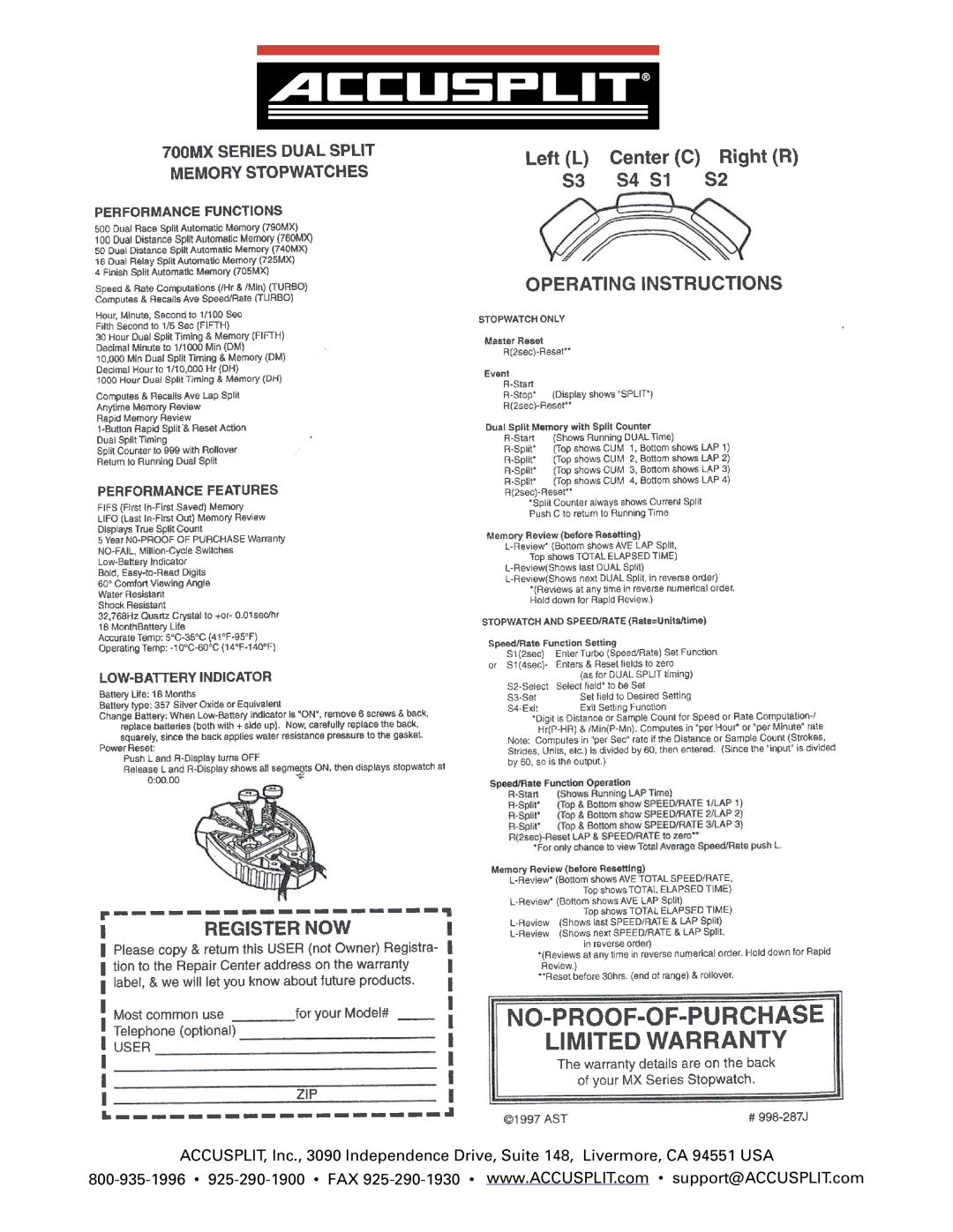 Accusplit 780MX, 740MX, A725MXDMT, 790MX, 700MX manual 