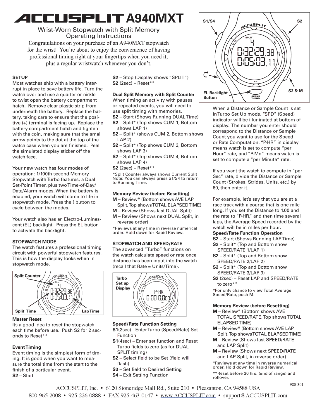 Accusplit A940MXT, 980-301 operating instructions Setup, Stopwatch Mode Stopwatch and SPEED/RATE 