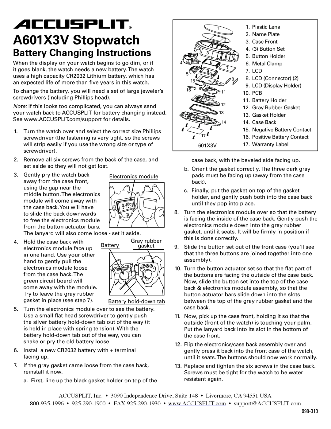 Accusplit 998-310 warranty A601X3V Stopwatch, Battery Changing Instructions, Lcd, Pcb 