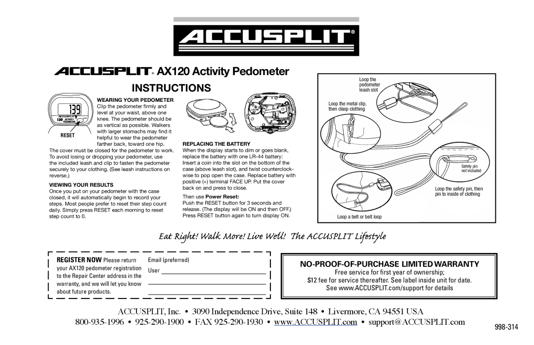 Accusplit 998-314 warranty Accusplit AX120 Activity Pedometer, Instructions, NO-PROOF-OF-PURCHASE Limited Warranty 