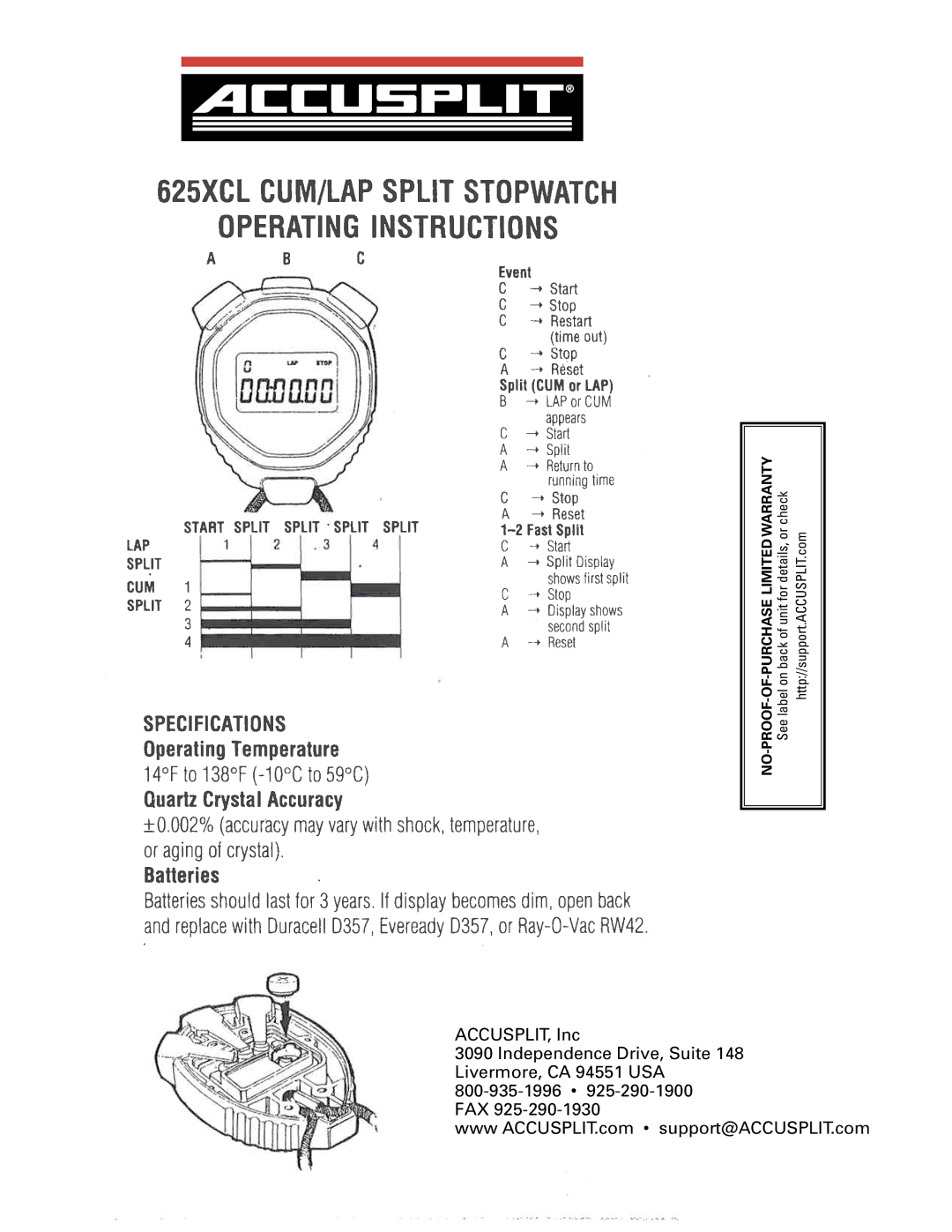 Accusplit A625XCL warranty NO-PROOF-OF-PURCHASE Limited Warranty 