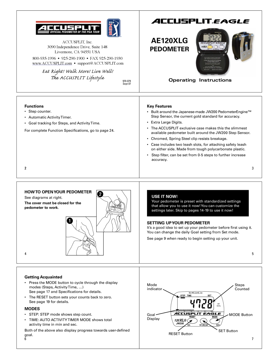 Accusplit AE120XLG operating instructions HOW to Open Your Pedometer, Setting UP Your Pedometer, Modes 