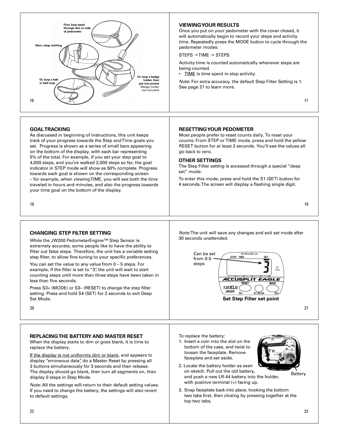 Accusplit AE120XLG operating instructions Viewing Your Results, Goal Tracking, Resetting Your Pedometer, Other Settings 