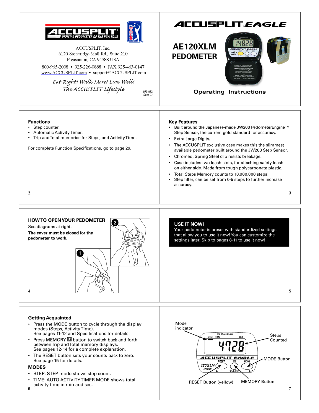 Accusplit AE120XLM operating instructions Functions, HOW to Open Your Pedometer, Getting Acquainted, Modes, Key Features 