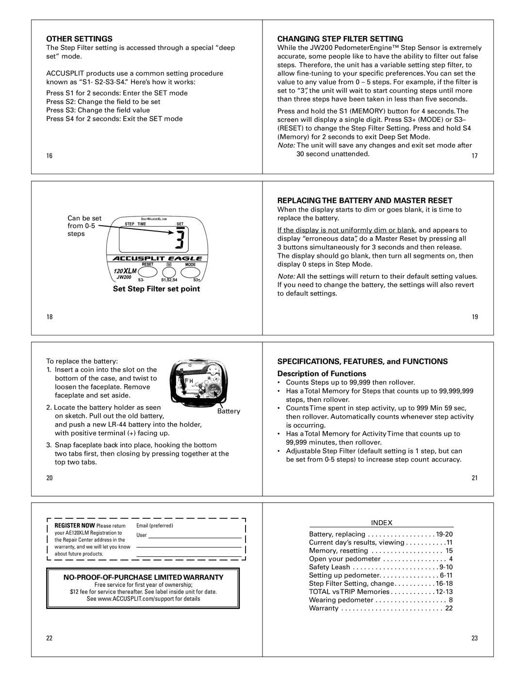 Accusplit AE120XLM operating instructions Other Settings, Changing Step Filter Setting, Set Step Filter set point 