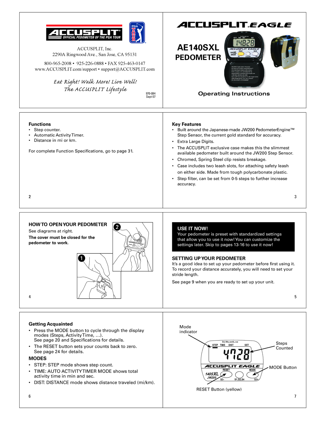 Accusplit AE140SXL operating instructions HOW to Open Your Pedometer, Setting UP Your Pedometer, Modes 