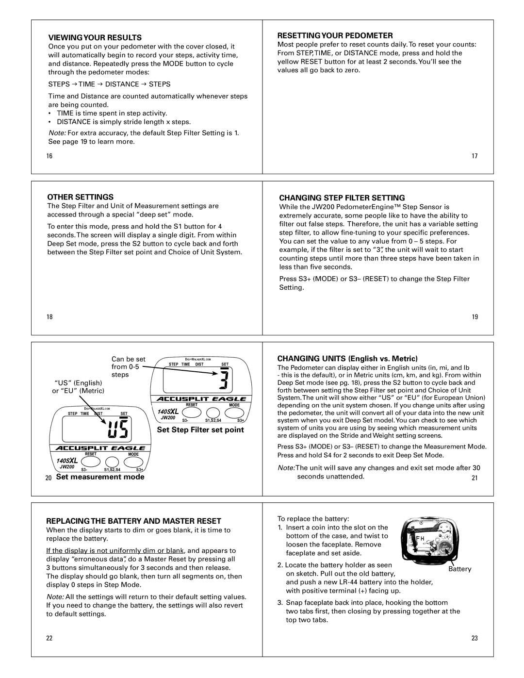 Accusplit AE140SXL Viewing Your Results, Resetting Your Pedometer, Other Settings, Changing Step Filter Setting 