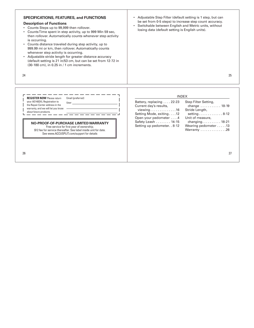 Accusplit AE140SXL operating instructions Index, NO-PROOF-OF-PURCHASE Limited Warranty 