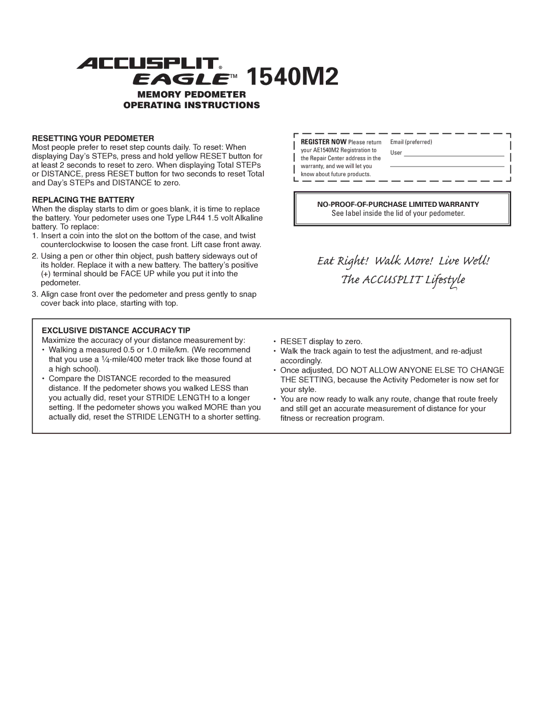 Accusplit AE1540M2 operating instructions Resetting Your Pedometer, Replacing the Battery, Exclusive Distance Accuracy TIP 