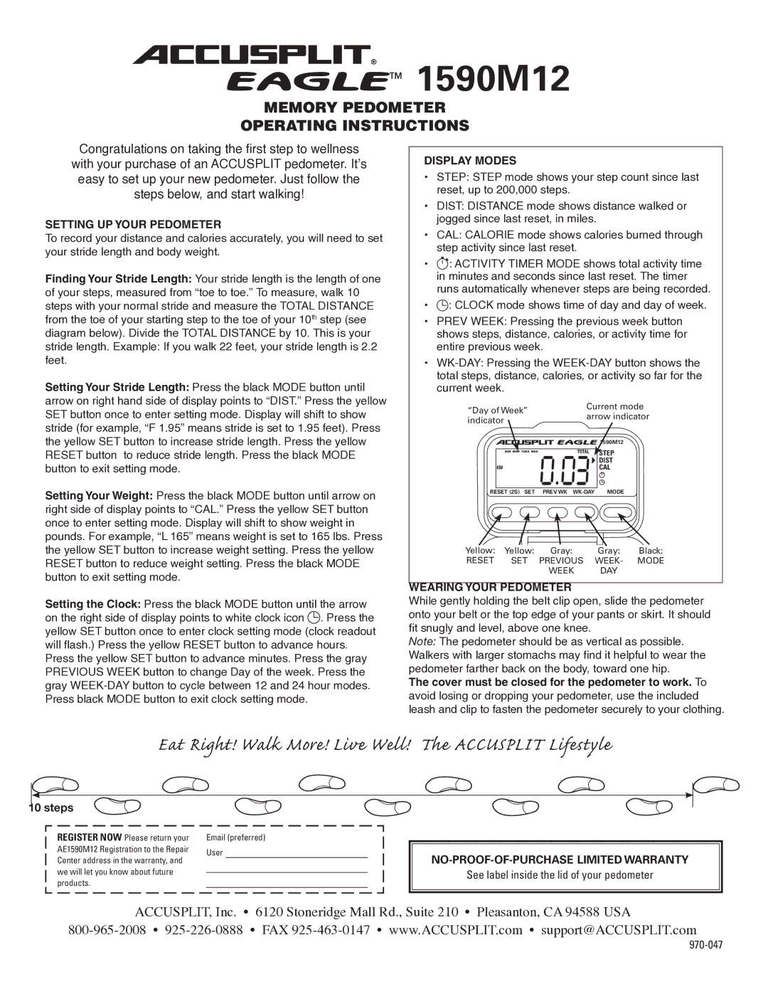 Accusplit AE1590M12 operating instructions Setting UP Your Pedometer, Display Modes, Wearing Your Pedometer 