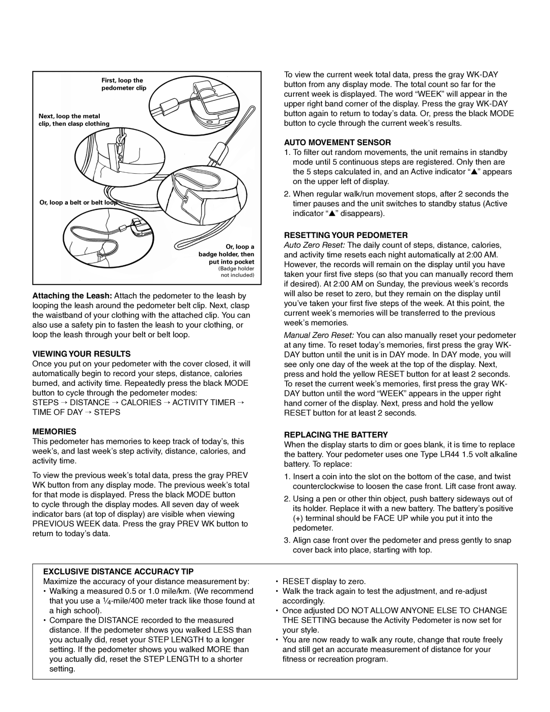 Accusplit AE1590M12 Viewing Your Results, Memories, Auto Movement Sensor, Resetting Your Pedometer, Replacing the Battery 