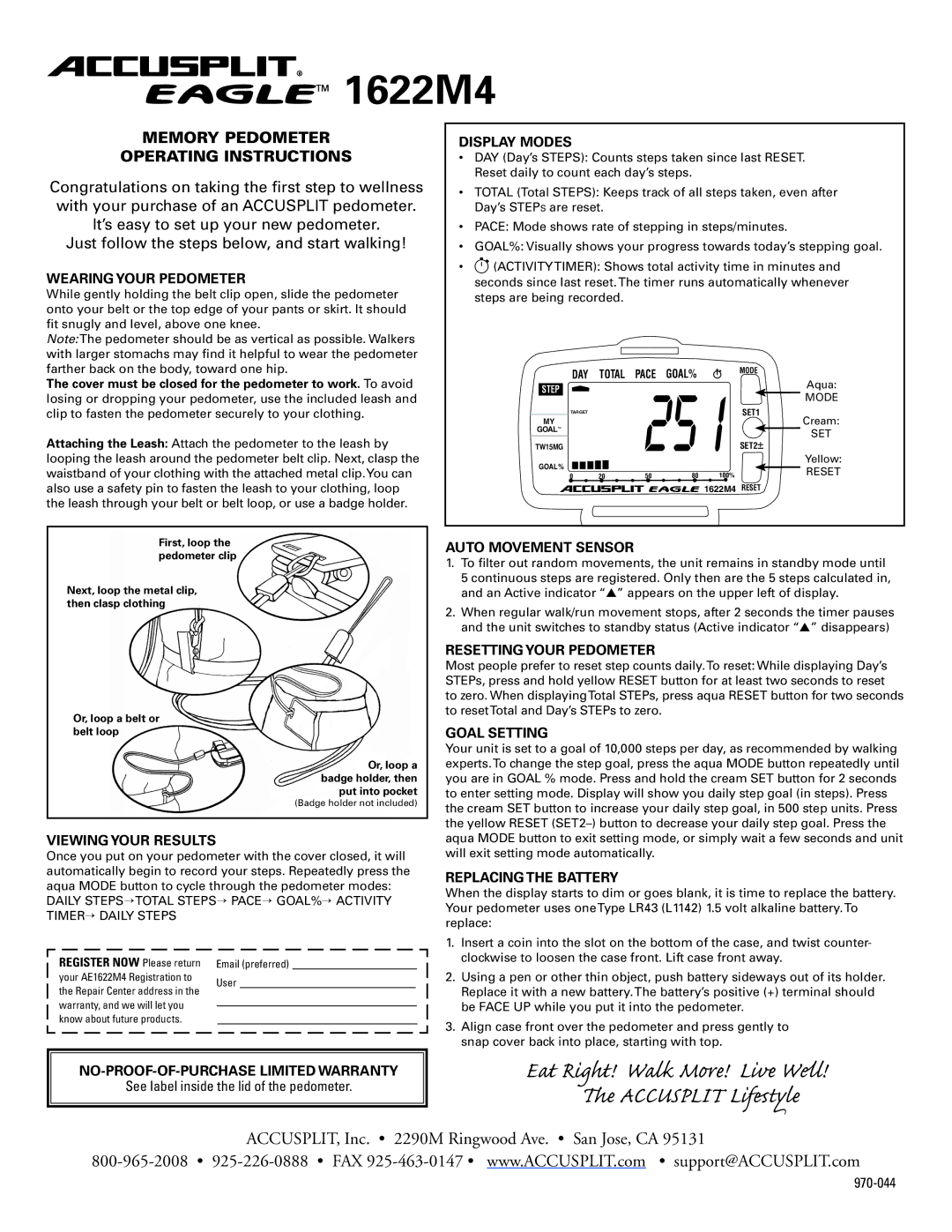 Accusplit AE1622M4 operating instructions Wearing Your Pedometer, Display Modes, Viewing Your Results, Goal Setting 