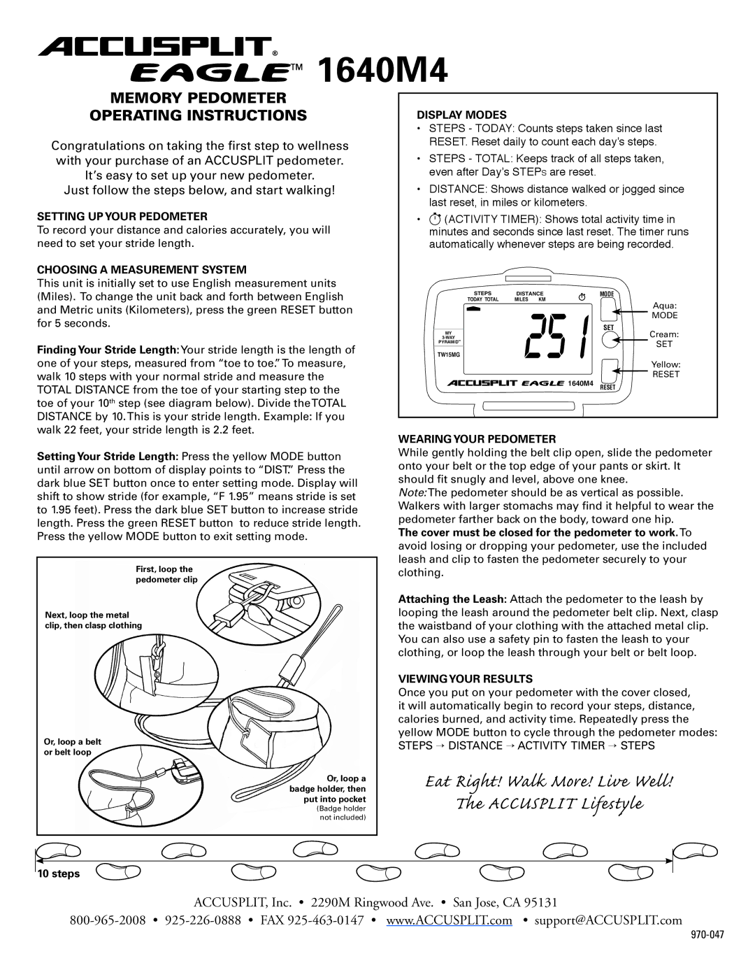 Accusplit AE1640M4 operating instructions Setting UP Your Pedometer, Choosing a Measurement System, Display Modes 