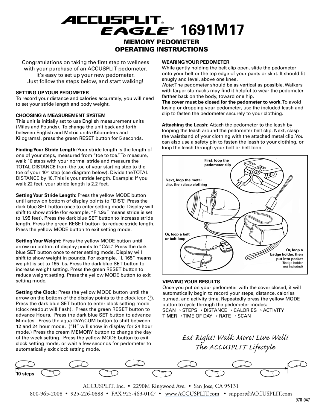 Accusplit AE1691M17 operating instructions Setting UP Your Pedometer, Choosing a Measurement System, Viewing Your Results 