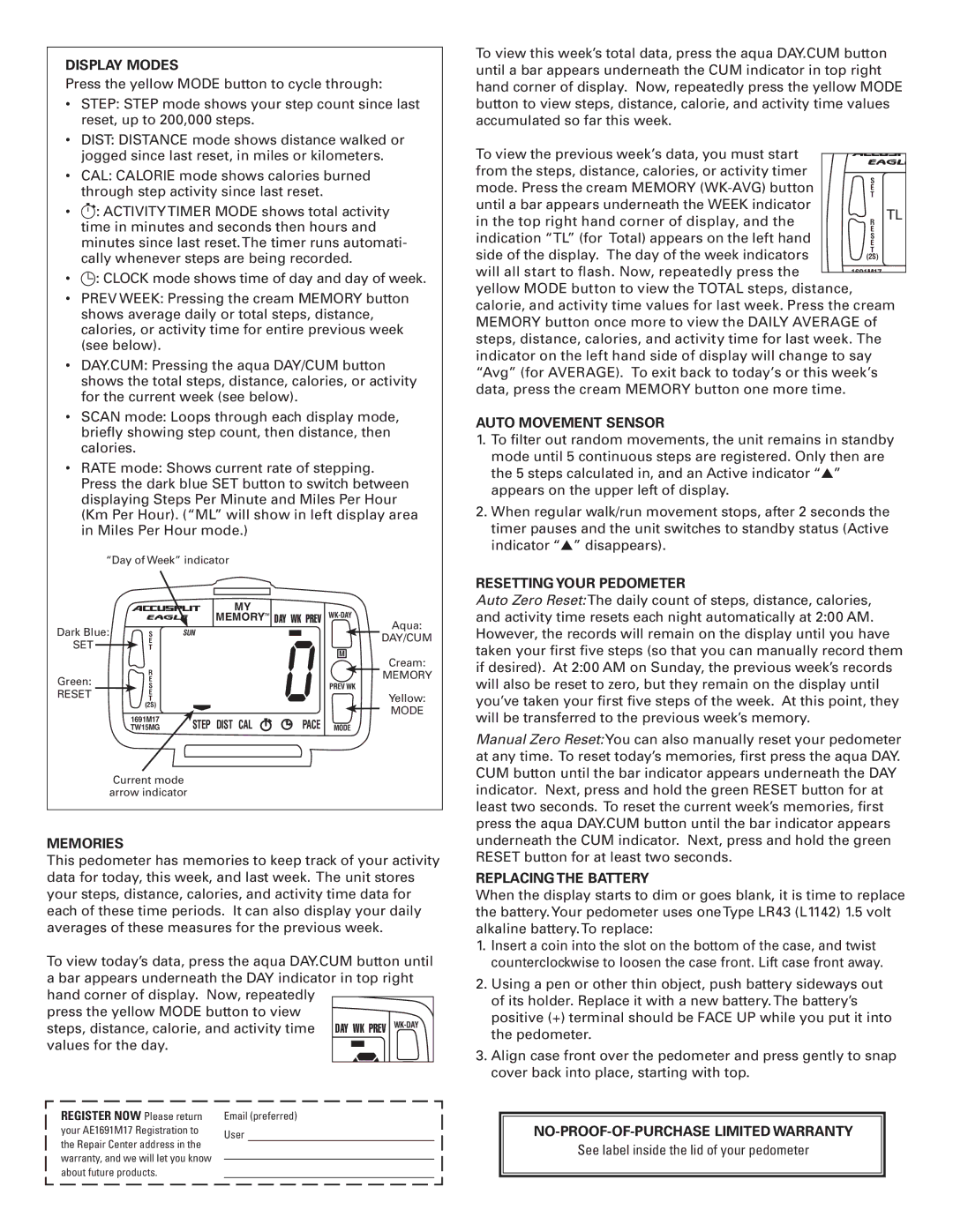 Accusplit AE1691M17 Display Modes, Auto Movement Sensor, Resetting Your Pedometer, Replacing the Battery 