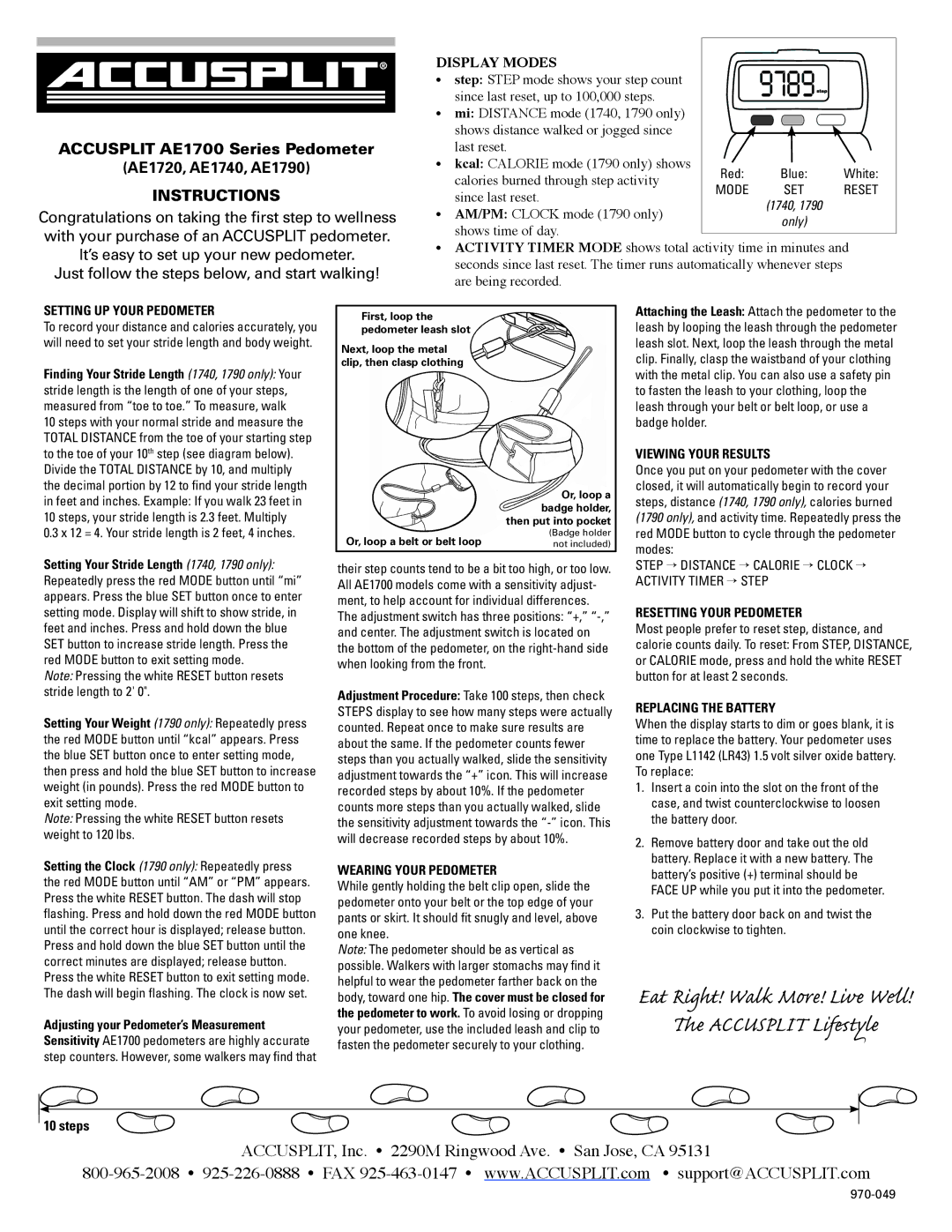 Accusplit AE1700 SERIES manual 9789, Instructions 