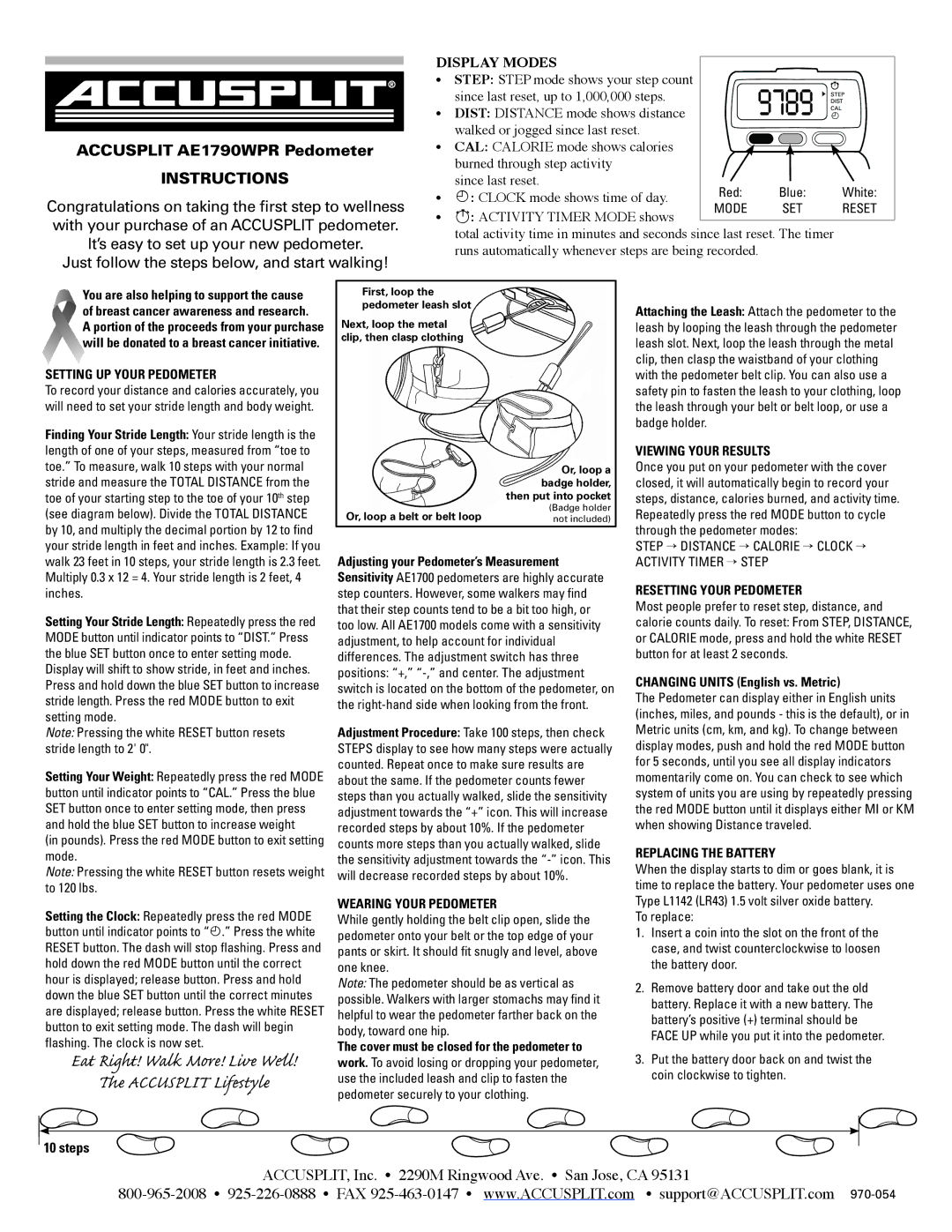 Accusplit AE1790WPR manual Setting UP Your Pedometer, Wearing Your Pedometer, Viewing Your Results, Replacing the Battery 