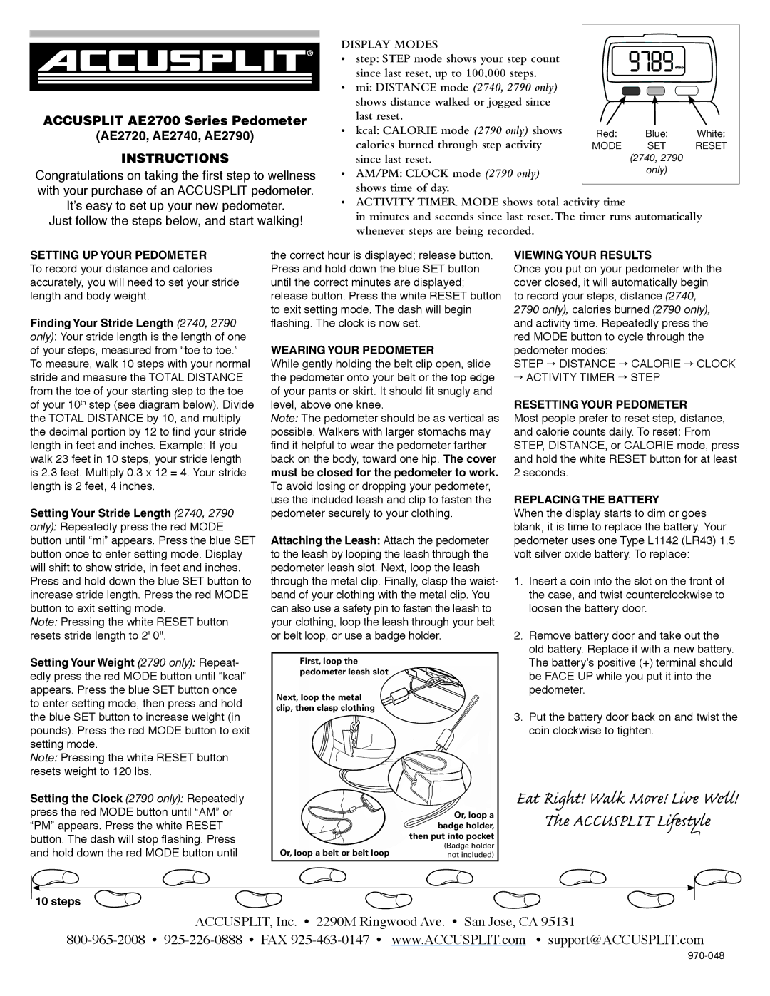 Accusplit AE2700, AE2720, AE2790, AE2740 manual 9789, Instructions 