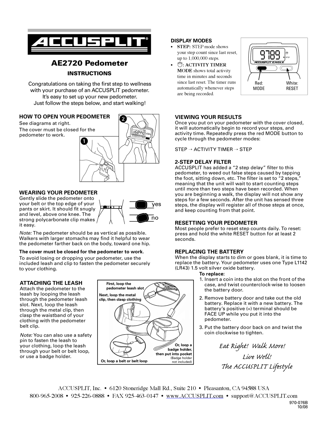 Accusplit AE2720 manual Instructions, Display Modes, HOW to Open Your Pedometer, Wearing Your Pedometer, Step Delay Filter 