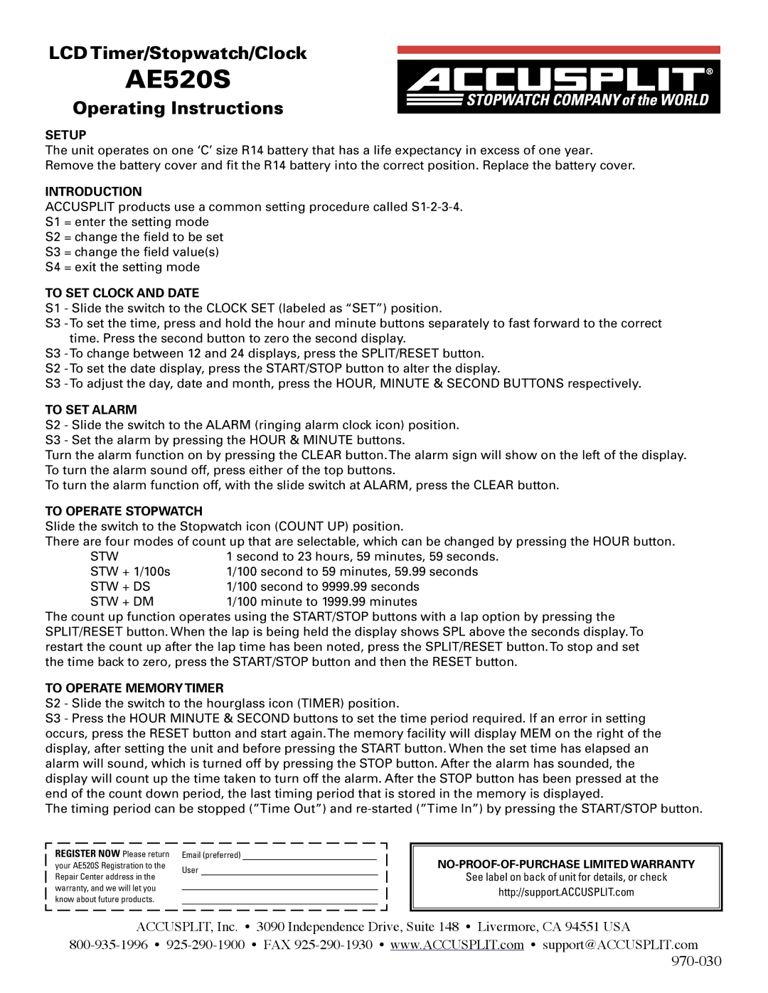 Accusplit AE520S operating instructions Setup, Introduction, To SET Clock and Date, To SET Alarm, To Operate Stopwatch 