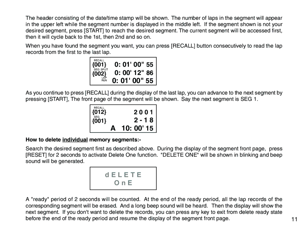 Accusplit AE760M100, AE602M100, AE790M500DEC instruction manual RUN 0 01 00, 10 00, 001 0 01 00, 002 0 00 12 